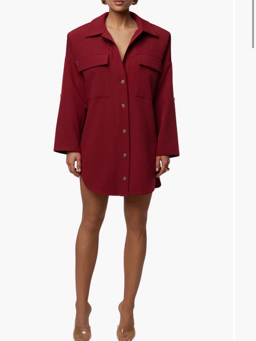 JLUXLABEL Women's Oversized Collared Shirt Dress in Burgundy with shoulder pads